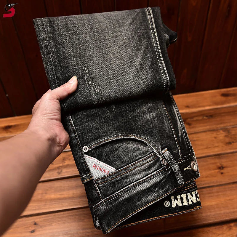 Street Designer Fashion Men Jeans Retro Black Gray Stretch Slim Fit Painted Ripped Jeans Men Y2K Casual Vintage Denim Pants