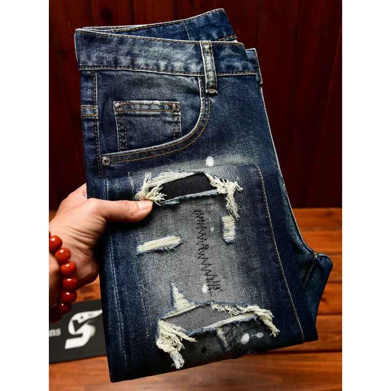 High end nostalgic jeans for men, slim fit with small holes, patches scraped, inkjet street trend, elastic retro denim pants
