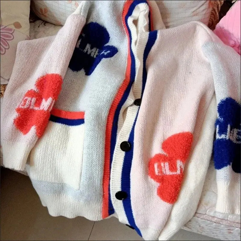 Blue Acrylic Knit V-Neck Letter Flower Casual Women's Cardigan Sweater