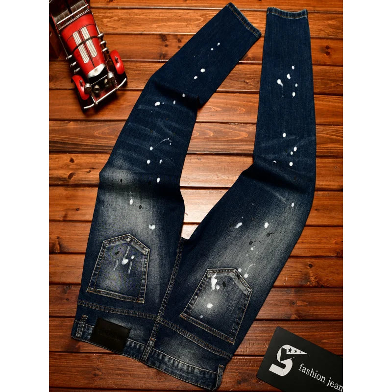 High end nostalgic jeans for men, slim fit with small holes, patches scraped, inkjet street trend, elastic retro denim pants