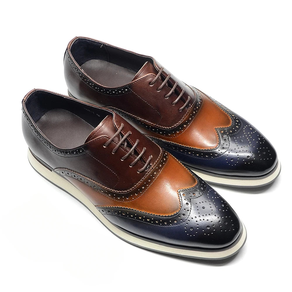 Men's Dress Sneakers Genuine Leather Italian Full Grain Cowhide Wingtip Brogue Oxfords Business Casual Formal Shoes Brown / Blue