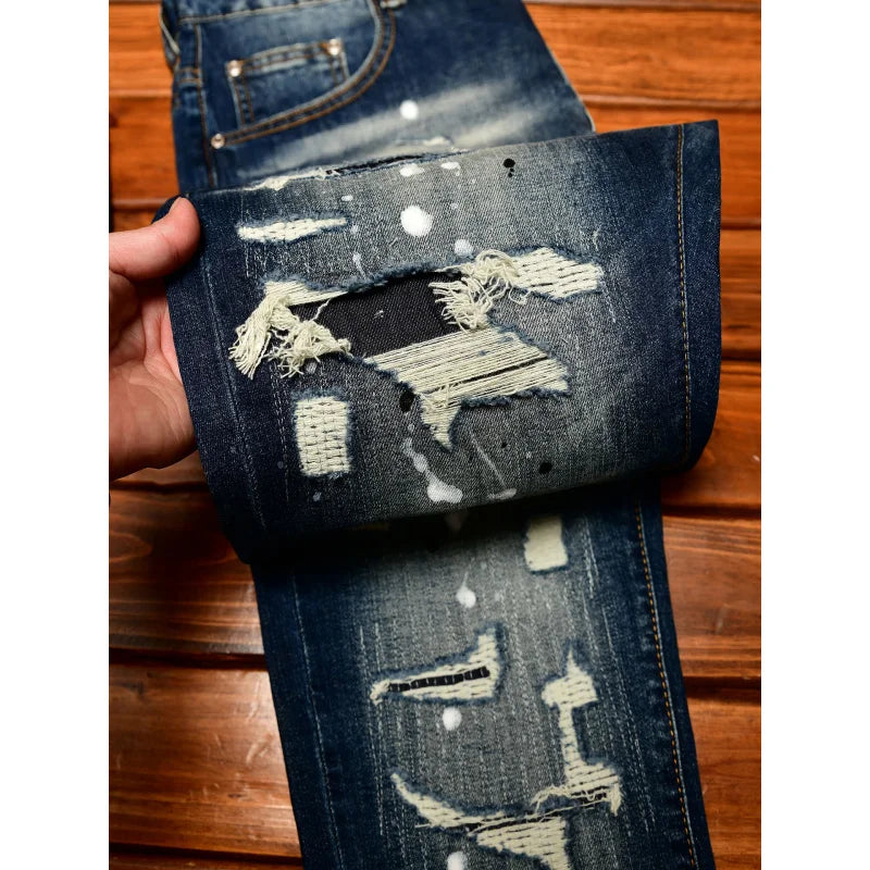 High end nostalgic jeans for men, slim fit with small holes, patches scraped, inkjet street trend, elastic retro denim pants