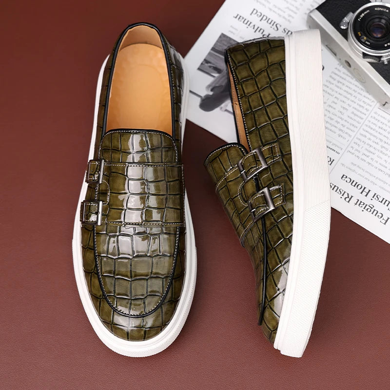 Men Vulcanize Shoes Yellow Crocodile Pattern Slip-On