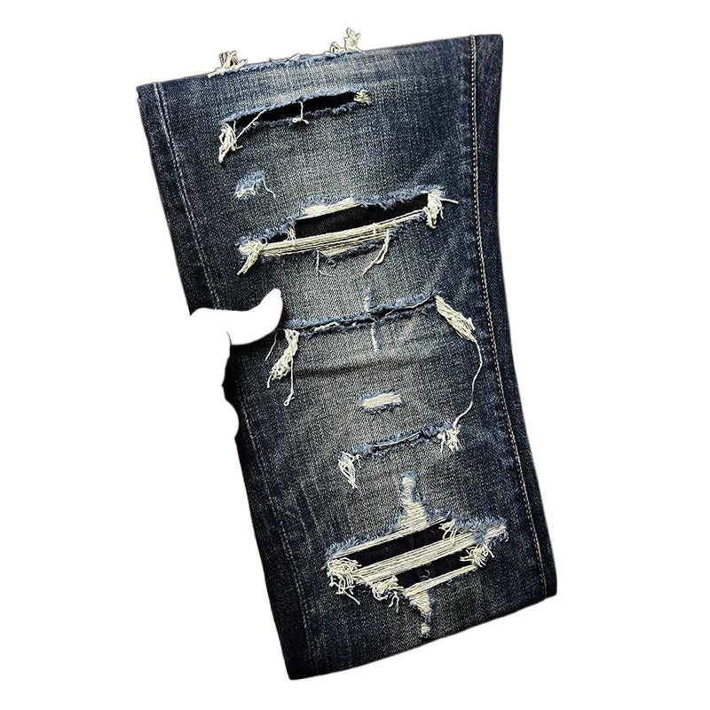 Street Fashion Men Jeans Retro Washed Blue Stretch