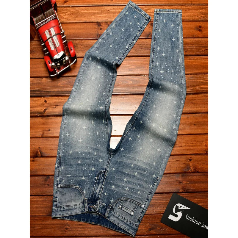 Flash printed light luxury jeans men with and small feet 2025 autumn men's clothing elastic casual pants