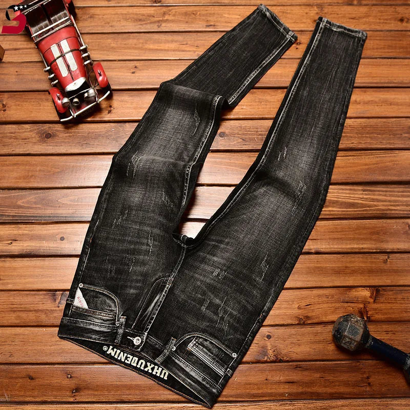 High-End Black Trend Jeans Men's 2024 NEW Autumn and Winter Stretch Slim Straight Fashion Casual Classic Denim Trousers