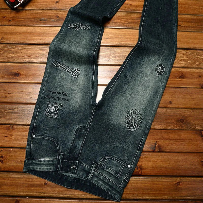 Black Gray Jeans Men's Slim Fit Ankle-Tied Trendy
