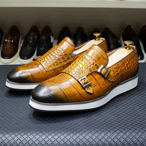 Double Buckles Monk Strap Genuine Leather Crocodile Print Slip-On