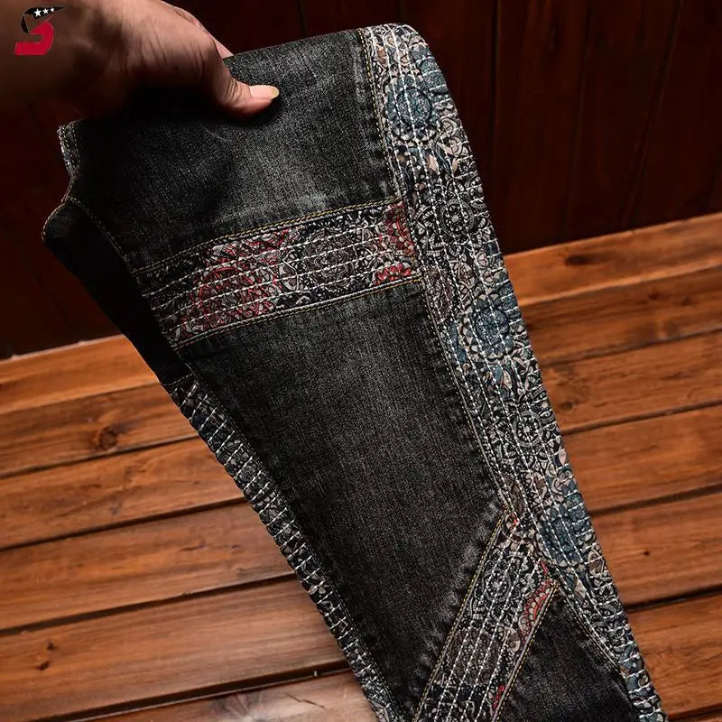 Stitching Embroidered Jeans Men's Contrast Color