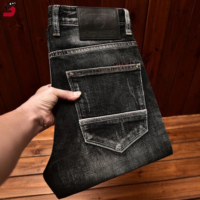 Street Designer Fashion Men Jeans Retro Black Gray Stretch Slim Fit Painted Ripped Jeans Men Y2K Casual Vintage Denim Pants