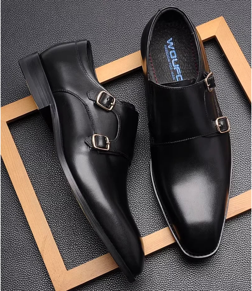 European Fashion Retro Leather Edvard Munch Shoes for Men Double Buckle Square Head Business Dress Wedding Shoes
