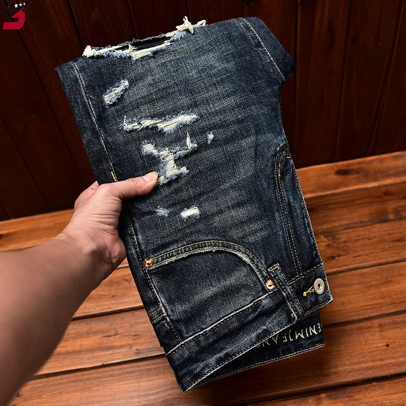 Street Fashion Men Jeans Retro Washed Blue Stretch
