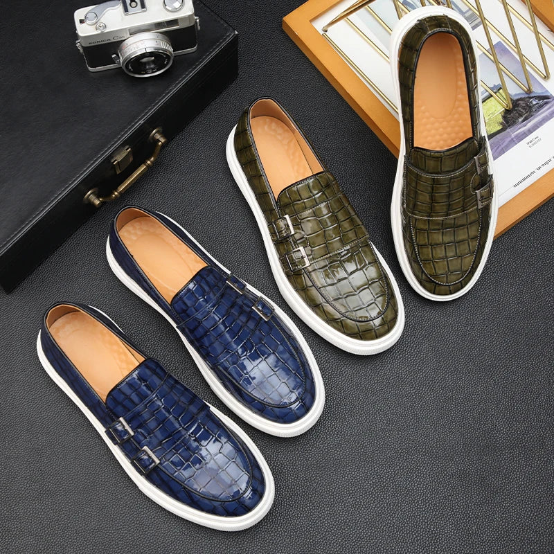 Men Vulcanize Shoes Yellow Crocodile Pattern Slip-On