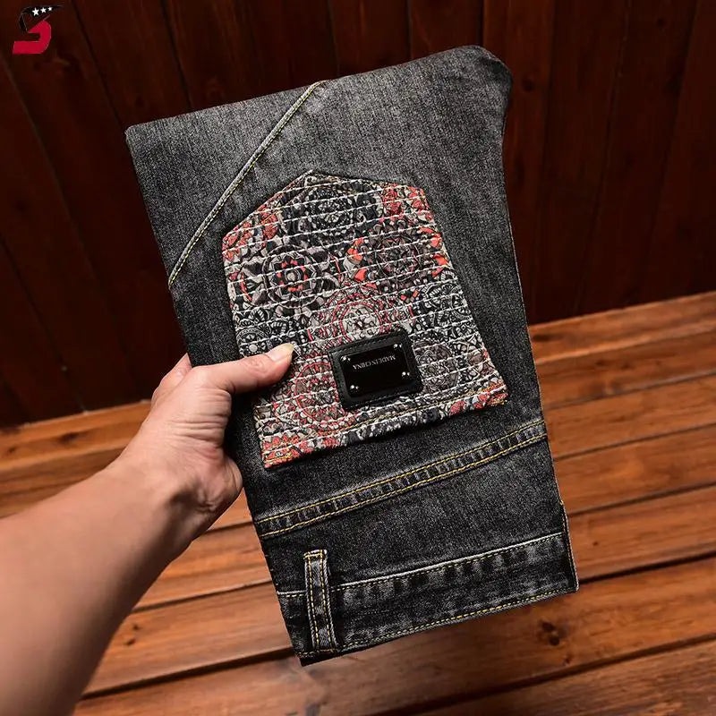 Stitching Embroidered Jeans Men's Contrast Color
