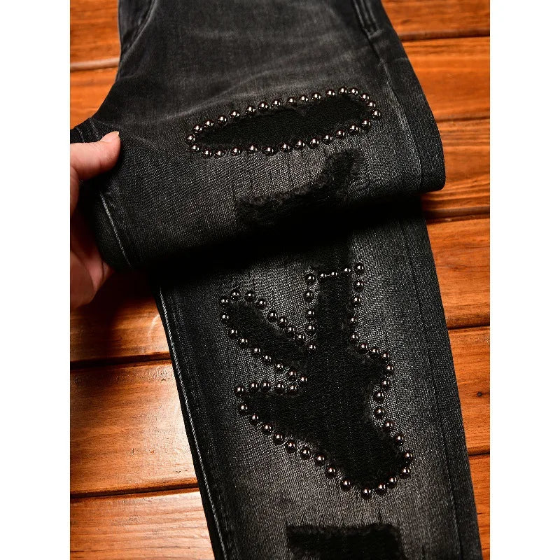 Street Designer Fashion Men Jeans High Quality Retro Black Stretch Slim Fit Hole Ripped Jeans Men Hip Hop Vintage Denim Pants