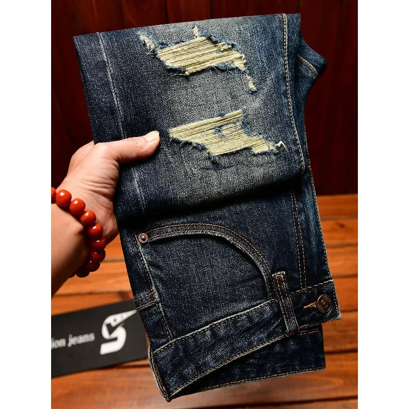 Street Designer Fashion Men Jeans Retro Washed Blue Stretch Slim Fit Ripped Jeans Men Y2K Vintage Casual Denim Pencil Pants