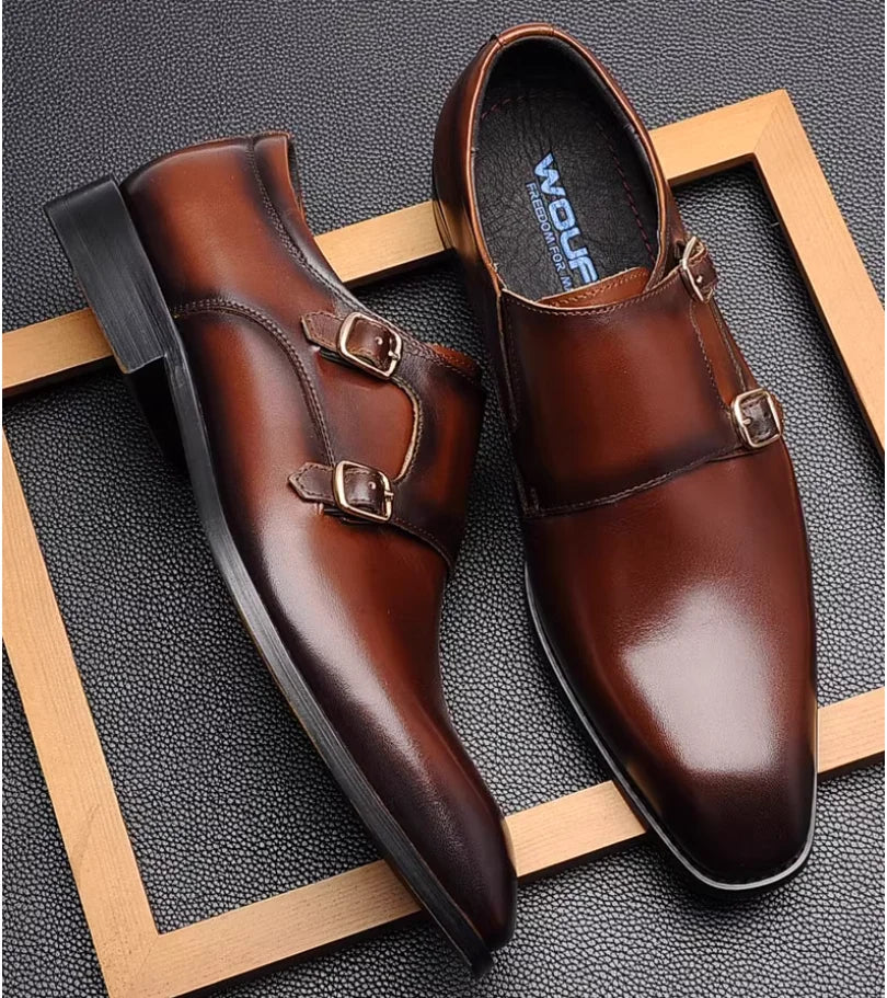 European Fashion Retro Leather Edvard Munch Shoes for Men Double Buckle Square Head Business Dress Wedding Shoes