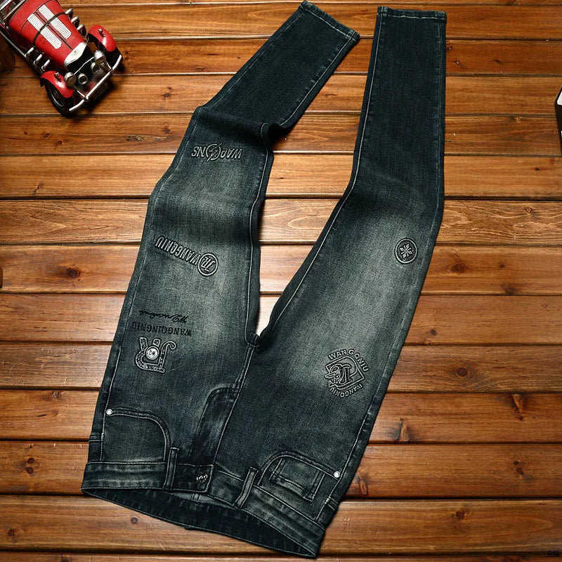 Black Gray Jeans Men's Slim Fit Ankle-Tied Trendy
