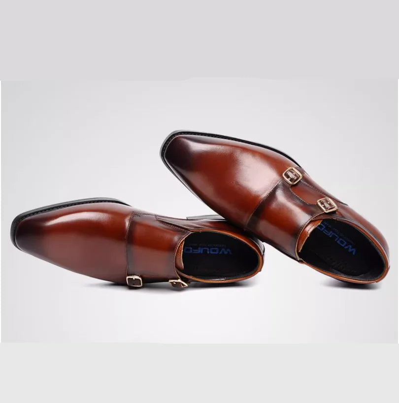 European Fashion Retro Leather Edvard Munch Shoes for Men Double Buckle Square Head Business Dress Wedding Shoes