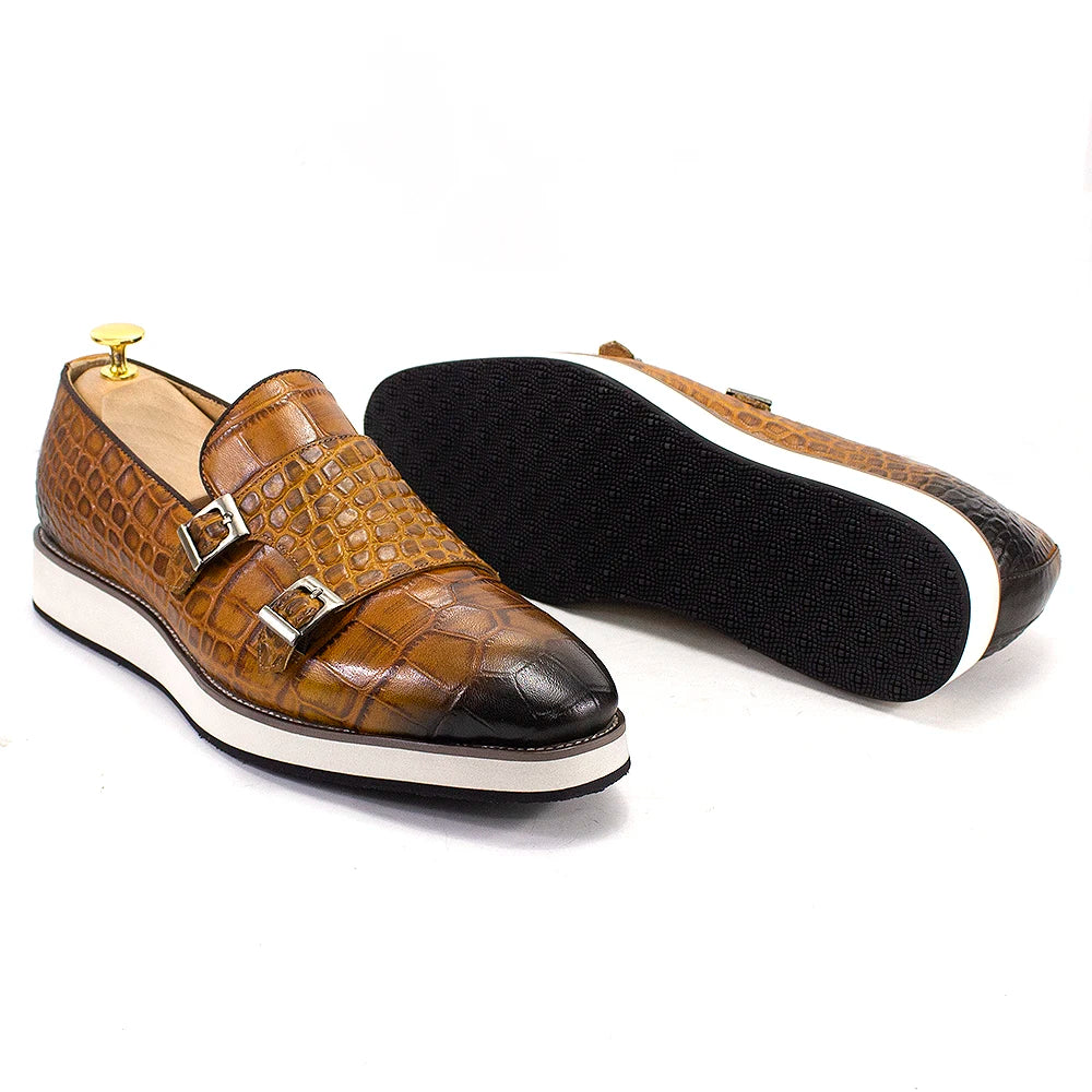 Men's Casual Shoes Double Buckles Monk Strap Genuine Leather Crocodile Print Slip-On Loafer Comfortable Male Outdoor Sneakers
