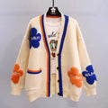 Blue Acrylic Knit V-Neck Letter Flower Casual Women's Cardigan Sweater