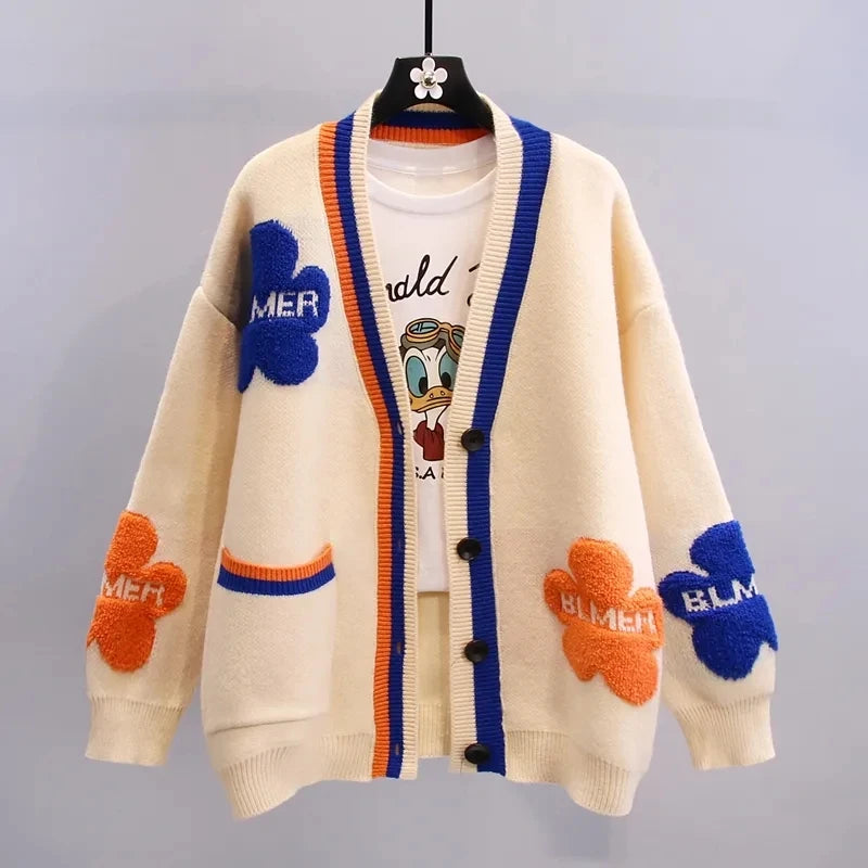 Blue Acrylic Knit V-Neck Letter Flower Casual Women's Cardigan Sweater