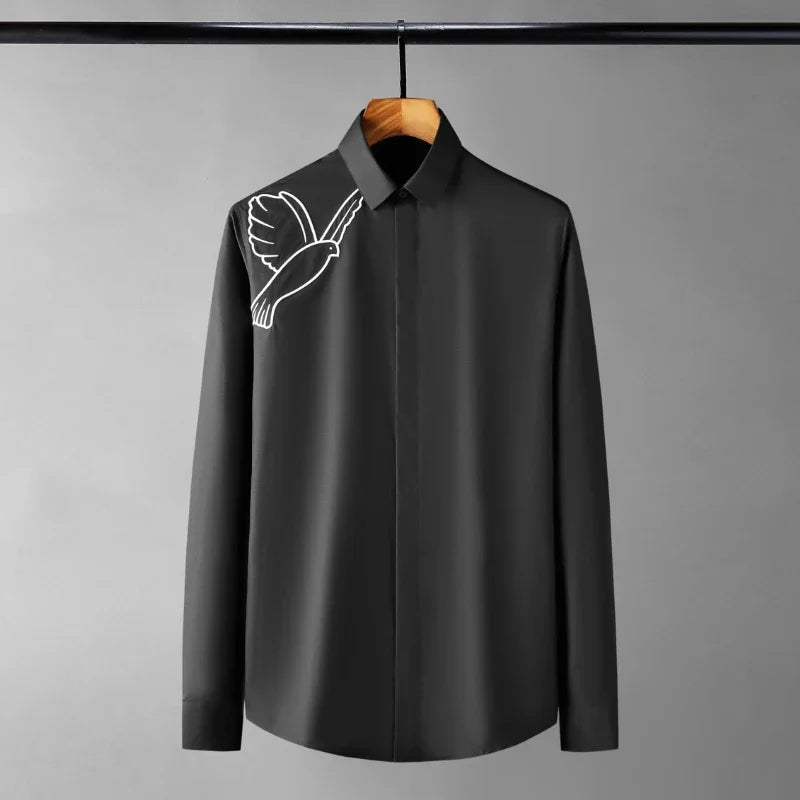 Minglu Pigeon Simple Embroidery Men's Shirts Luxury Cotton Long Sleeve Black White Four Seasons Slim Fit Party Man Shirts 4XL