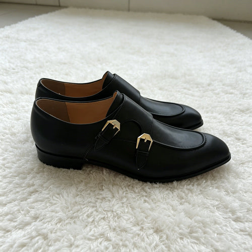 Black Double Monk Strap Dress Shoes for Men, Square Toe Leather Loafers, Formal Business Oxford Shoes with Gold Buckles