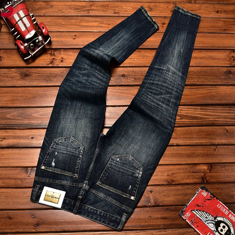 Street Fashion Men Jeans Retro Washed Blue Stretch