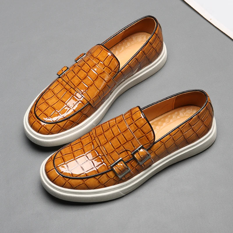 Men Vulcanize Shoes Yellow Crocodile Pattern Slip-On