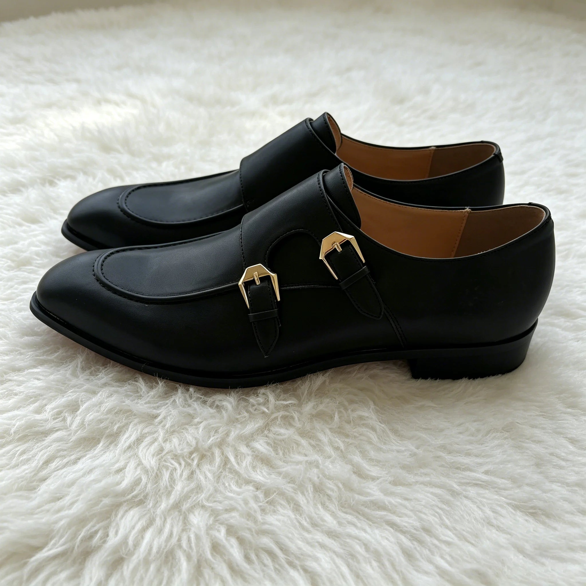 Black Double Monk Strap Dress Shoes for Men, Square Toe Leather Loafers, Formal Business Oxford Shoes with Gold Buckles