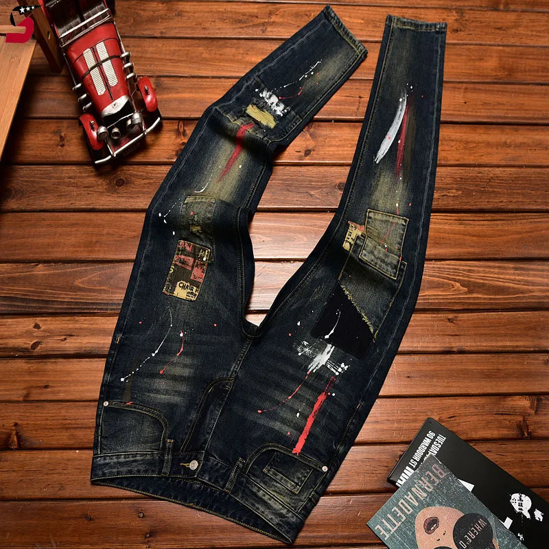 High Street Fashion Men Jeans Retro Blue Elastic