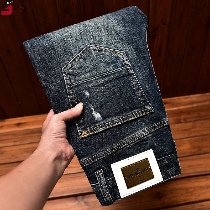 Street Fashion Men Jeans Retro Washed Blue Stretch