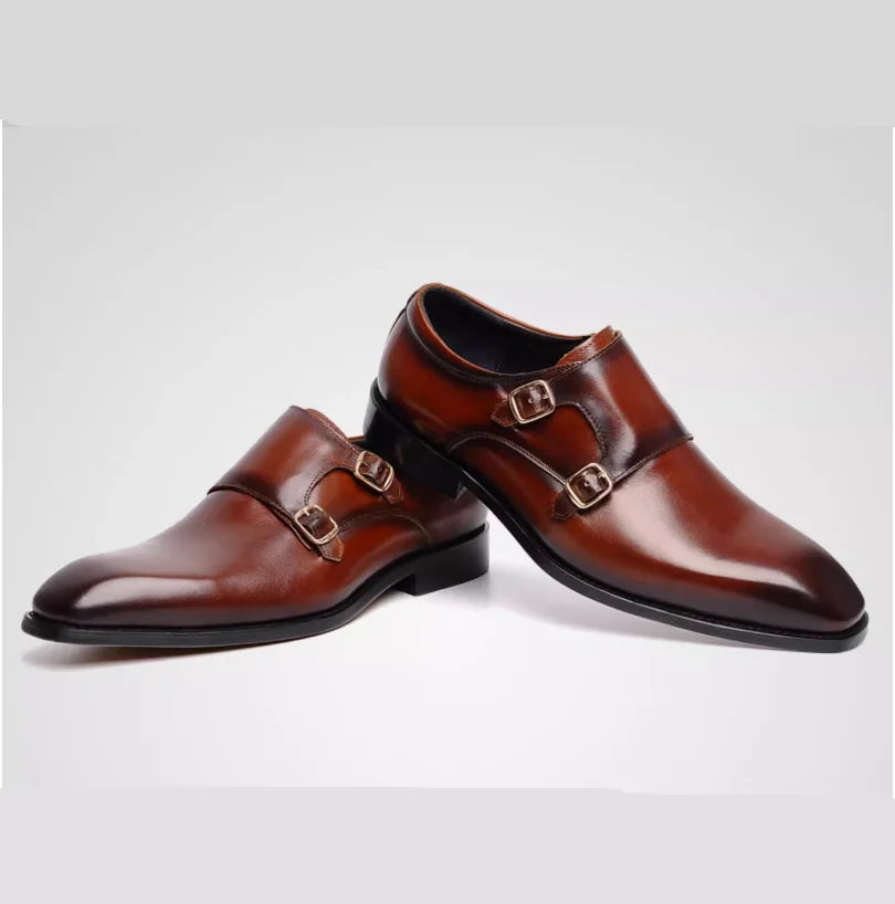 European Fashion Retro Leather Edvard Munch Shoes for Men Double Buckle Square Head Business Dress Wedding Shoes
