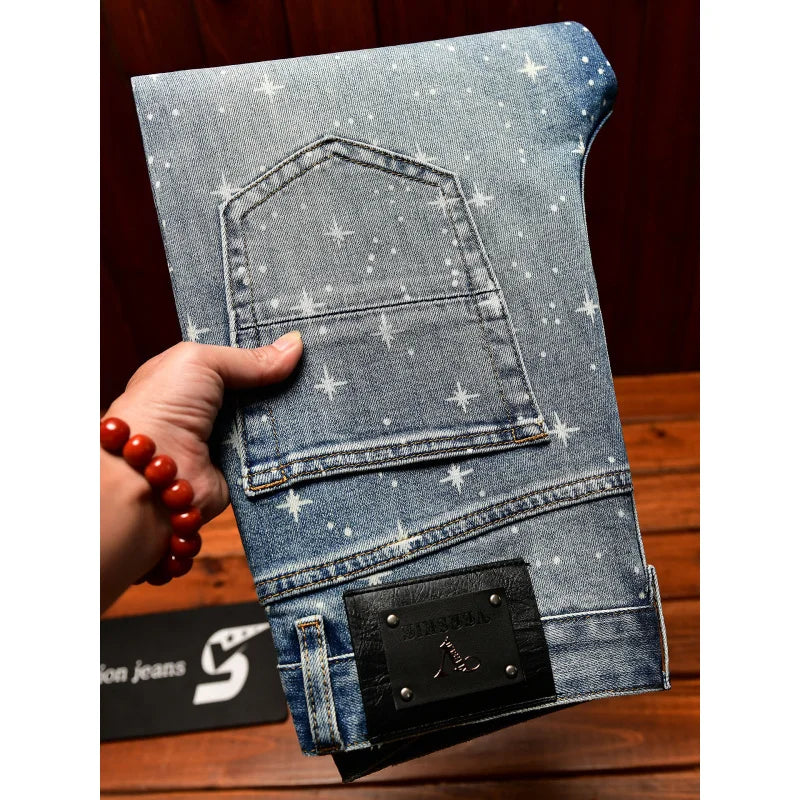 Flash printed light luxury jeans men with and small feet 2025 autumn men's clothing elastic casual pants