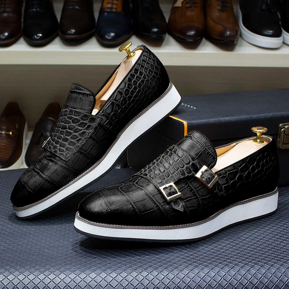 Men's Casual Shoes Double Buckles Monk Strap Genuine Leather Crocodile Print Slip-On Loafer Comfortable Male Outdoor Sneakers