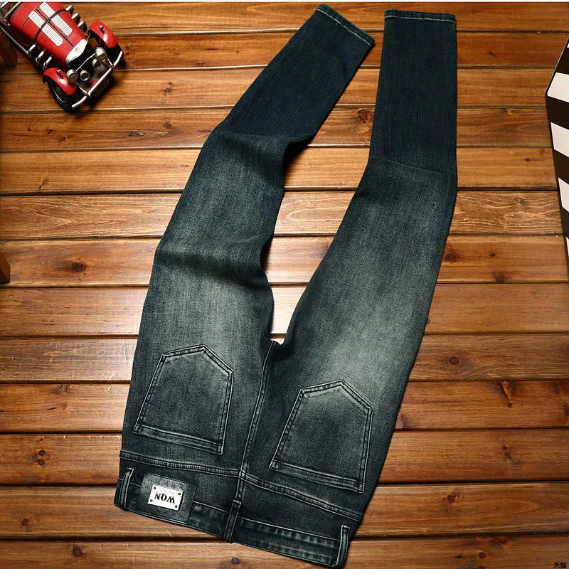 Black Gray Jeans Men's Slim Fit Ankle-Tied Trendy