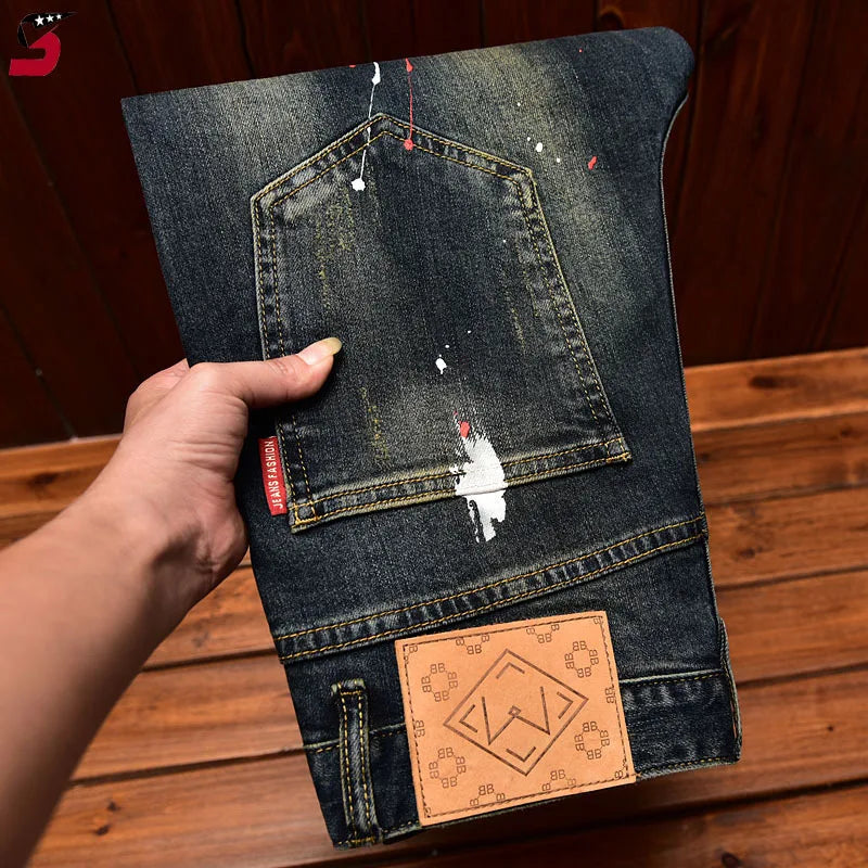 High Street Fashion Men Jeans Retro Blue Elastic