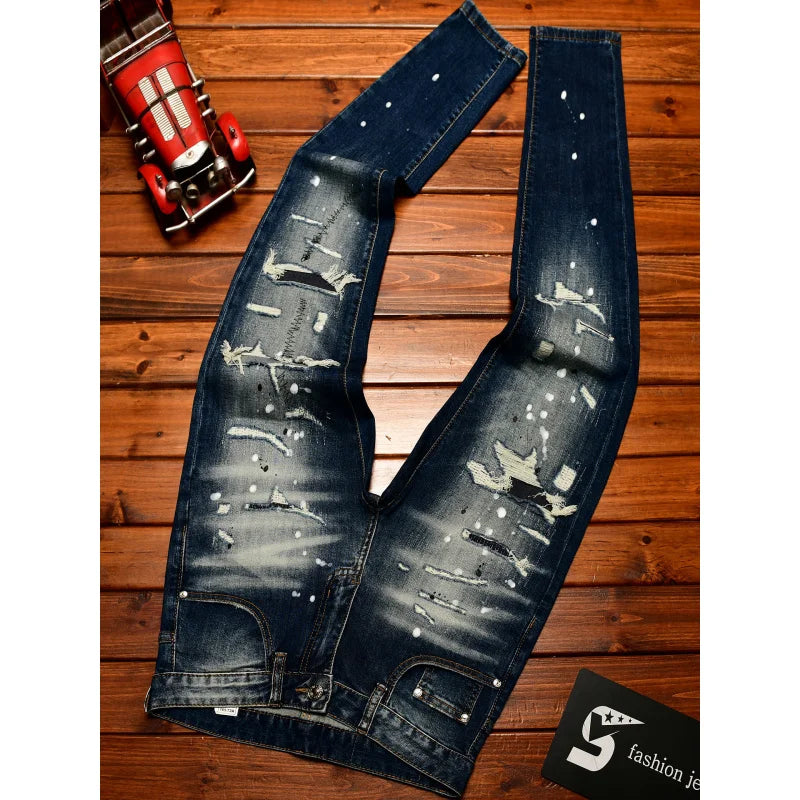 High end nostalgic jeans for men, slim fit with small holes, patches scraped, inkjet street trend, elastic retro denim pants