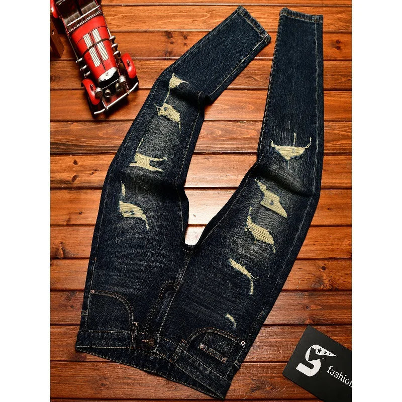 Street Designer Fashion Men Jeans Retro Washed Blue Stretch Slim Fit Ripped Jeans Men Y2K Vintage Casual Denim Pencil Pants