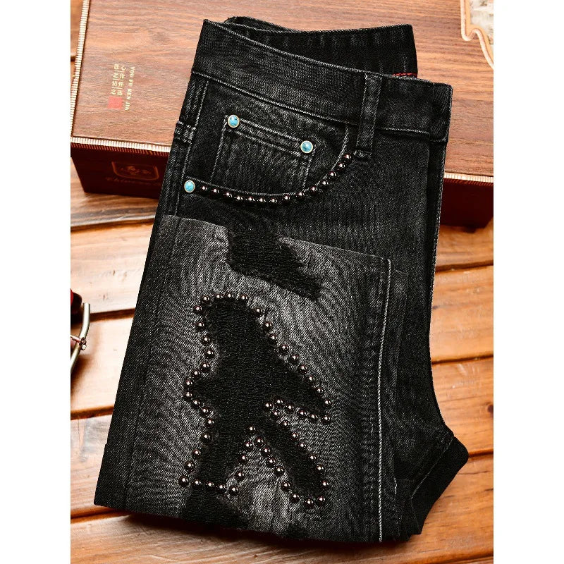 Street Designer Fashion Men Jeans High Quality Retro Black Stretch Slim Fit Hole Ripped Jeans Men Hip Hop Vintage Denim Pants