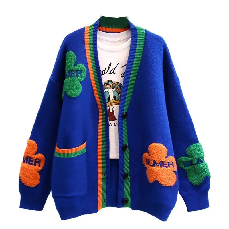 Blue Acrylic Knit V-Neck Letter Flower Casual Women's Cardigan Sweater