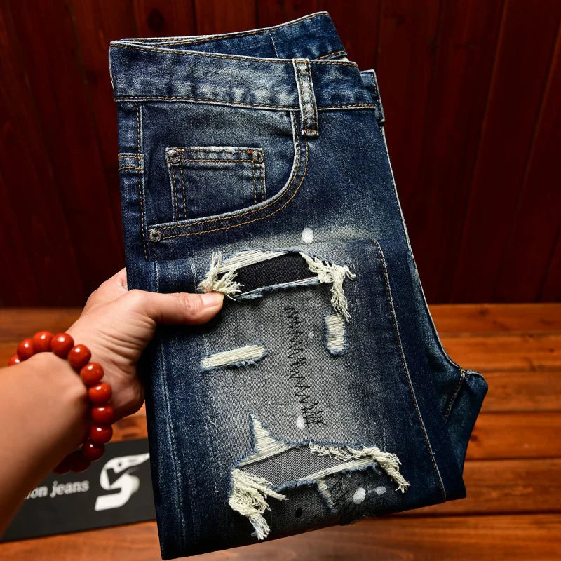 High end nostalgic jeans for men, slim fit with small holes, patches scraped, inkjet street trend, elastic retro denim pants