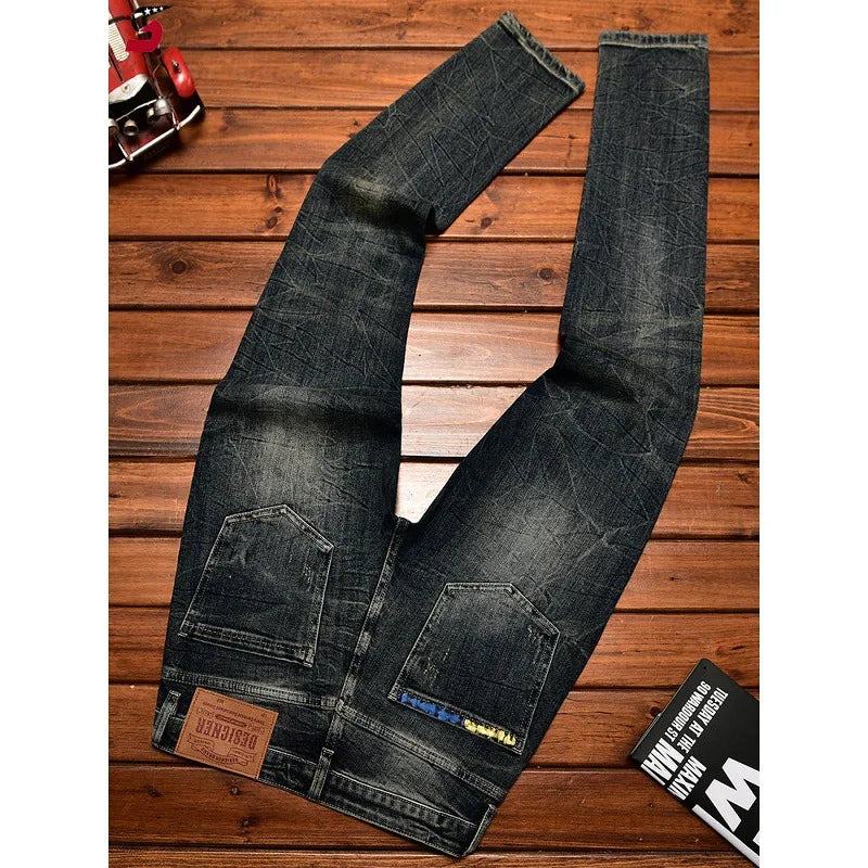 Vintage Patch Patch Fashion Casual Pants Light Jeans Men's High-end Stretch Made Old Washed Tapered Pants