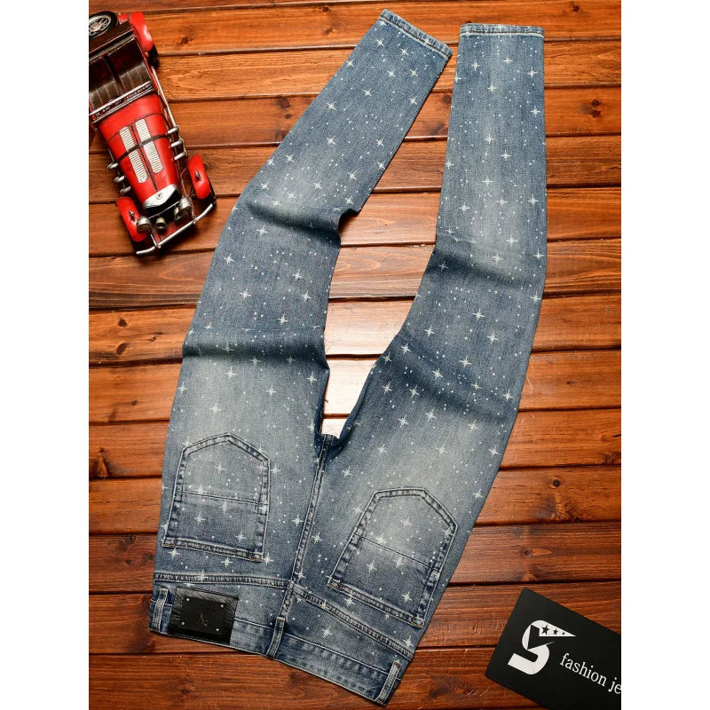 Flash printed light luxury jeans men with and small feet 2025 autumn men's clothing elastic casual pants