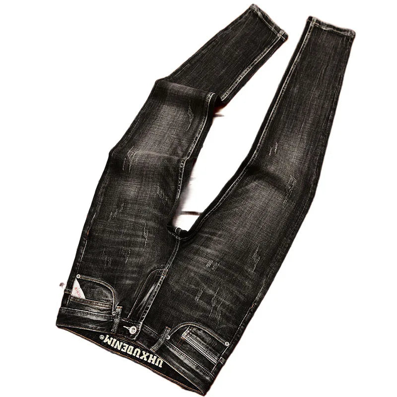Street Designer Fashion Men Jeans Retro Black Gray Stretch Slim Fit Painted Ripped Jeans Men Y2K Casual Vintage Denim Pants