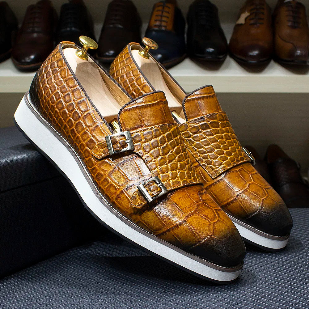 Men's Casual Shoes Double Buckles Monk Strap Genuine Leather Crocodile Print Slip-On Loafer Comfortable Male Outdoor Sneakers